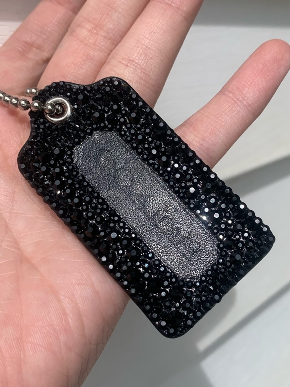 Coach Leather Hang Tag – Hand Embellished Black Rhinestone Bag Charm